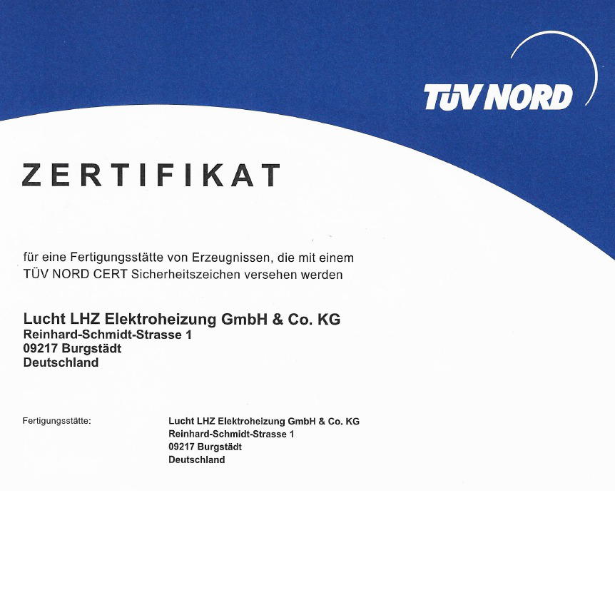 TÜV Nord certificate tested manufacturing plant Lucht electric radiators