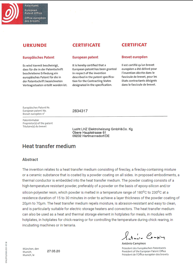 Lucht LHZ, Hersteller von Elektroheizungen für OEM-Partner, erhält Patent für Wärmeträger